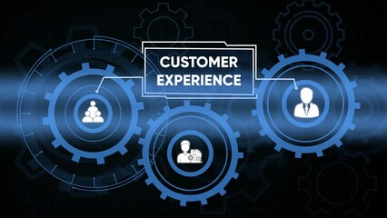 Obraz premium Customer experience concept depicted with futuristic gears and business icons on dark background
