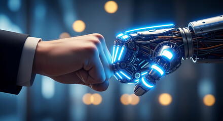 Human hand fist bumping futuristic robotic hand concept of artificial intelligence
