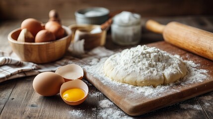 Fototapeta premium Rustic Baking Scene with Dough, Eggs, Flour, and Rolling Pin on Wooden Surface