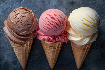Three different flavors of ice cream in cones. Ice cream with chocolate and strawberry flavors, a delicious food concept for the summer season.
