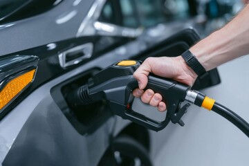 A close-up shot captures the moment a hand attaches a power cable to a car that runs on electric power and is designed to have zero emissions on the environment