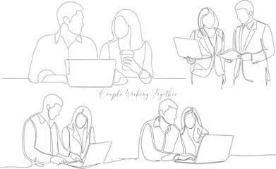 Couple Working Together Minimalist Icon Concept Continuous One Line Drawing Editable Stroke