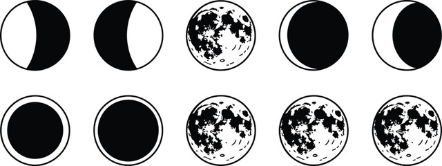 Black and White Moon Phases Cycle Illustration lunar