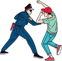 A stylized illustration depicts a police officer in a dynamic stance, confronting a suspect who appears resistant.