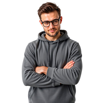 38 year old man, neutral expression, wearing grey hoodie, arms crossed over chest, relaxed look, white background