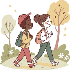 A charming illustration of two diverse children, a boy and a girl, walking through a park scene.