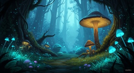 Obraz premium Enchanting Glow: Forest Path of Luminescent Fungi - Mystical forest path illuminated by glowing mushrooms, symbolizing fantasy, nature, magic, serenity, and wonder. A painting