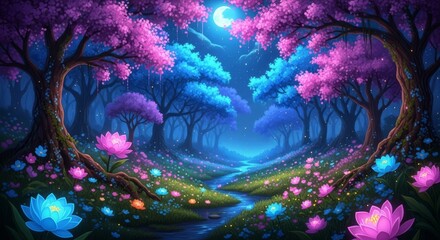 Fototapeta premium Enchanting Moonlit Forest Path - Serene moonlit forest, vibrant flowers, calm stream, magical trees, tranquil night. Symbolizing peace, dreams, nature, magic, and serenity