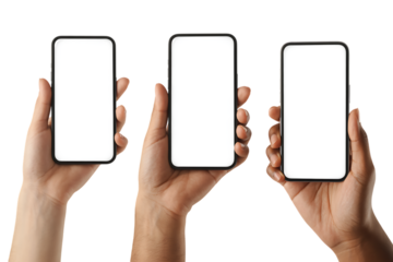 Three hands holding smartphones with blank white screens isolated on transparent background