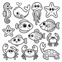 Fototapeta premium Cute sea creatures line art sea life ocean animals