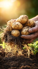 Close-up of farmer holding potato at farm