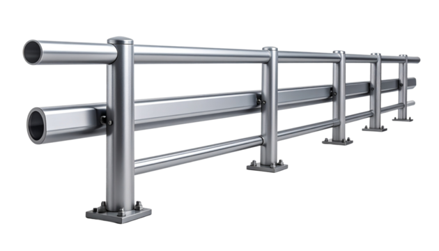 Long metal guard rail with two posts on each end isolated on a white background