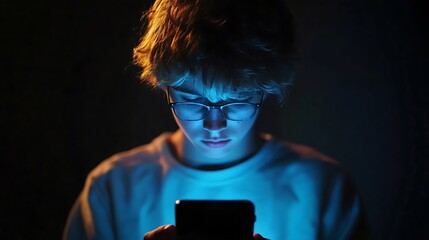 Teenager Addicted to Smartphone at Night - Face Illuminated by Screen in Dark Room
