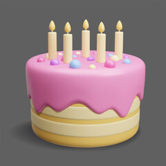 Happy Birthday cake 3D style vector illustration isolated on dark. Yellow biscuit cake with pink sugar icing glaze, colorful confetti and burning candles. Sweet dessert for children birthday party 3D.
