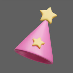 Pink birthday hat with yellow star decor 3D style vector icon isolated on dark. Happy birthday surprise party celebration cap, triangle shape cone hat, festive children party accessory.