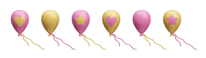 Set of different pink and yellow air balloons 3D style vector illustration isolated on white. 3D helium air balloons with heart and star prints. Festive birthday party decoration set.