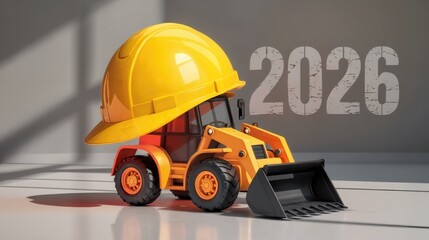 A toy construction vehicle with a yellow hard hat. The vehicle is orange with a black scoop. The background features the year 2026 in large numbers.