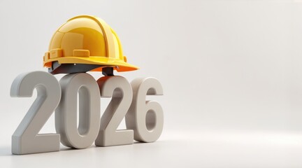 A construction helmet rests on the number 2026. The scene is minimalistic with a white background, emphasizing the helmet and the year.