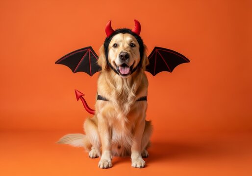Golden Retriever in Devil Costume - Adorable Golden Retriever dog dressed in a devil costume for Halloween, sitting against an orange background