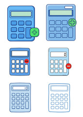 Set of blue calculator icons with plus and minus symbols for education