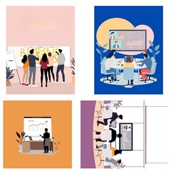 Modern Business Collaboration Scenes – Flat Vector Set of 4 Startup and Remote Work Concepts

