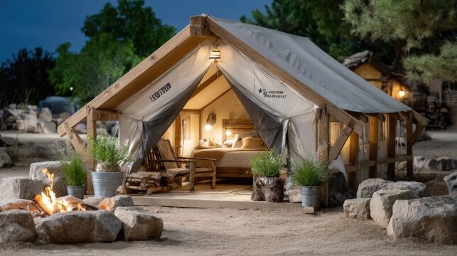 An old canvas tent sits in the desert, illuminated by moonlight and starlight, with a cozy fire pit nearby, creating a serene ambiance