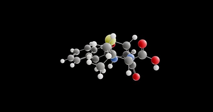 Benzylpenicillin molecule, rotating 3D model of penicillin g, looped video on a black background
