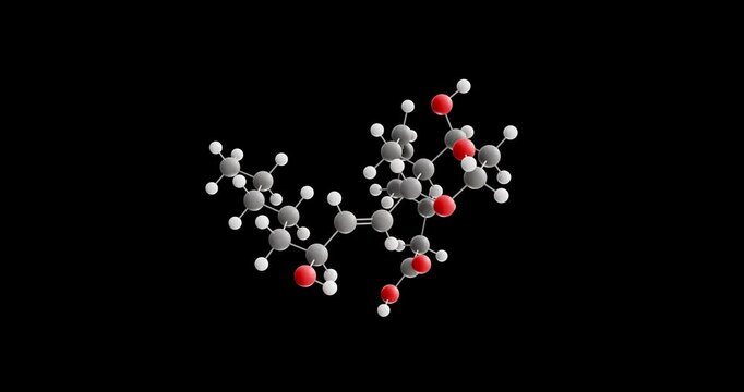 Thromboxane B2 molecule, rotating 3D model of inactive metabolite, looped video on a black background
