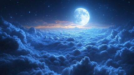 Fototapeta premium Full moon shines above a sea of clouds at night
