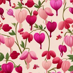 Fototapeta premium Bleeding Heart Floral Pattern: A vibrant and delicate pattern of bleeding heart flowers, showcasing their heart-shaped blooms and elegant stems in a display of nature's beauty and romantic charm.