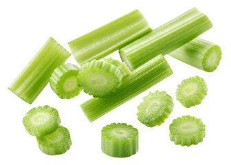Fresh celery slices floating, white background