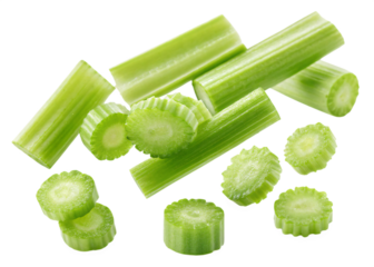 Fresh celery slices floating, white background