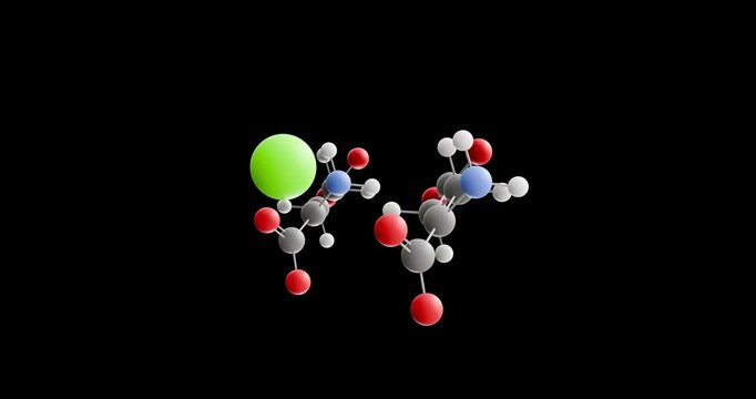 Calcium diglutamate molecule, rotating 3D model of flavor enhancer, looped video on a black background
