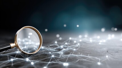 A magnifying glass focuses on a digital map emphasizing intricate details against a dark blue backdrop