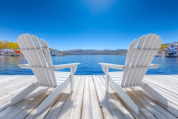 Fototapeta premium A wood dock supports two Muskoka chairs, which face a tranquil lake and provide a view of a white cottage set back among green trees, with a boat dock on the lake in front of the cottage