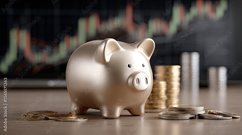 Poster golden piggy bank placed on table alongside scattered coins with an illuminated stock chart displayi