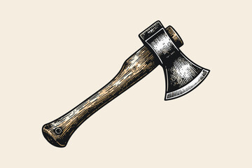 Vintage Etched Axe Illustration with Wooden Handle and Engraved Steel Blade