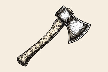 Vintage Etched Wooden Axe Illustration with Retro Engraving Detail