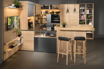 Modern wooden luxury kitchen interior design in minimal style