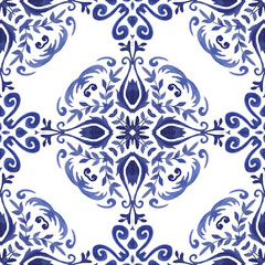 Gorgeous damask background. Portuguese blue watercolor tiling baroque mosaic. Floral Azulejo tile wall design arabesque tiles print