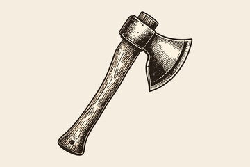 Classic Vintage Engraving of Wooden Axe in Monochrome Etched Style