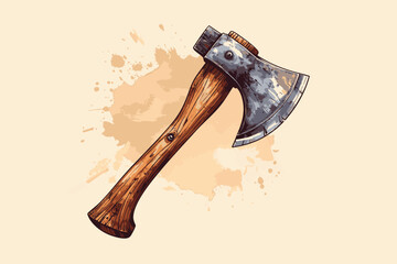 Watercolor Vector Illustration of Wooden Axe with Splatter Background