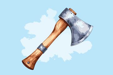 Stylized Vector Axe with Wooden Handle and Watercolor Splash on Blue Background