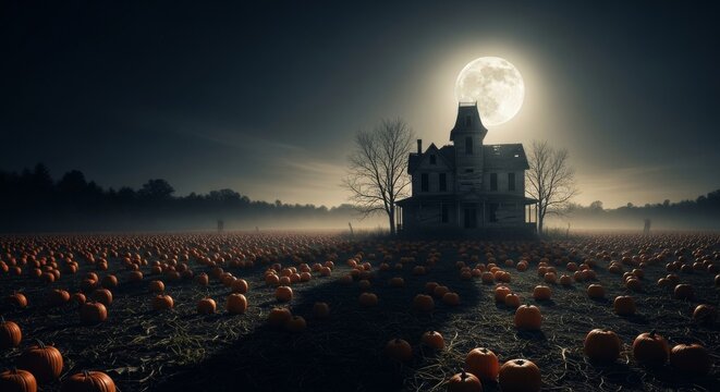 Haunted House Pumpkin Patch Moonlit Night - An eerie abandoned house sits in a vast pumpkin patch under a full moon, creating a spooky Halloween scene