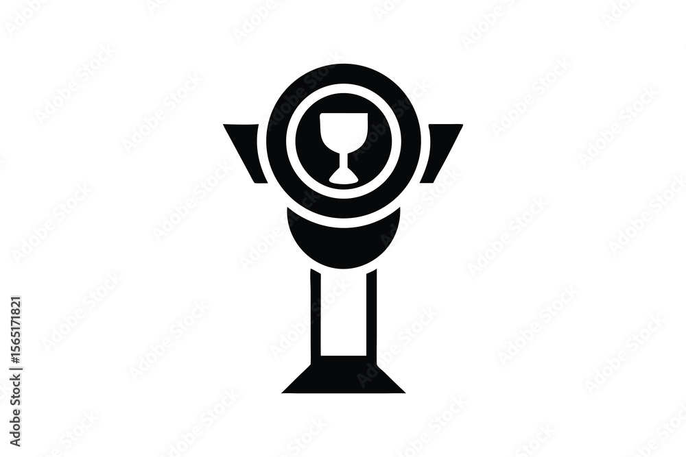 Poster stylized black icon of a trophy cup with a fragile symbol inside a circular frame on a white backgro
