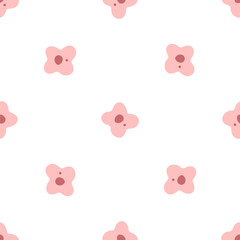 Seamless Pink Flower Pattern. Seamless pattern with small pink cartoon flowers on white background. Minimal flat style, soft pastel color palette.