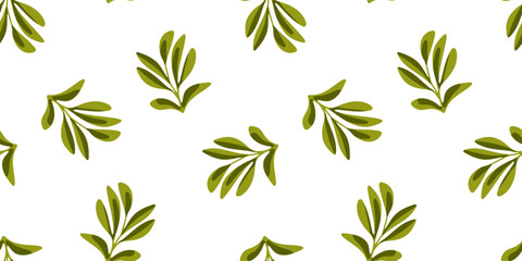 Seamless Green Leaf Pattern. Seamless pattern with green leaf branches on white background. Flat natural style, fresh botanical theme.