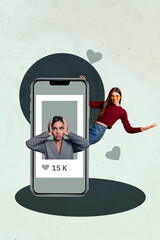 Contemporary artwork collage of happy girl guy stand phone heart notification icon social media...