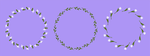 Wedding Floral Frame Wreath Set. Three floral wedding wreaths with white flowers and green leaves. Hand-drawn flat style, pastel colors, isolated on purple background.