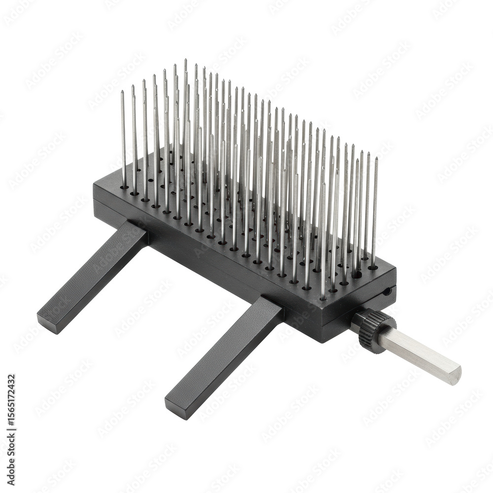 Poster modern contour gauge with slender movable pins, designed for precise shape duplication, isolated on 